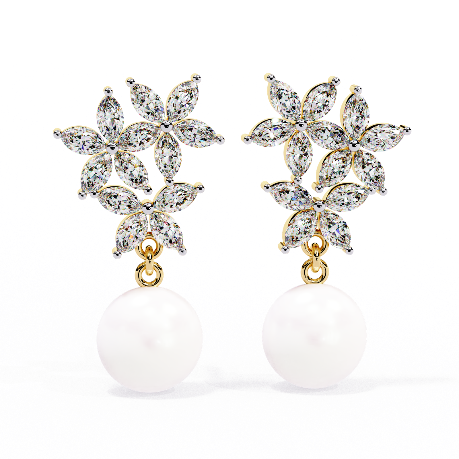 Floral Diamond Cluster Pearl Drop Earrings