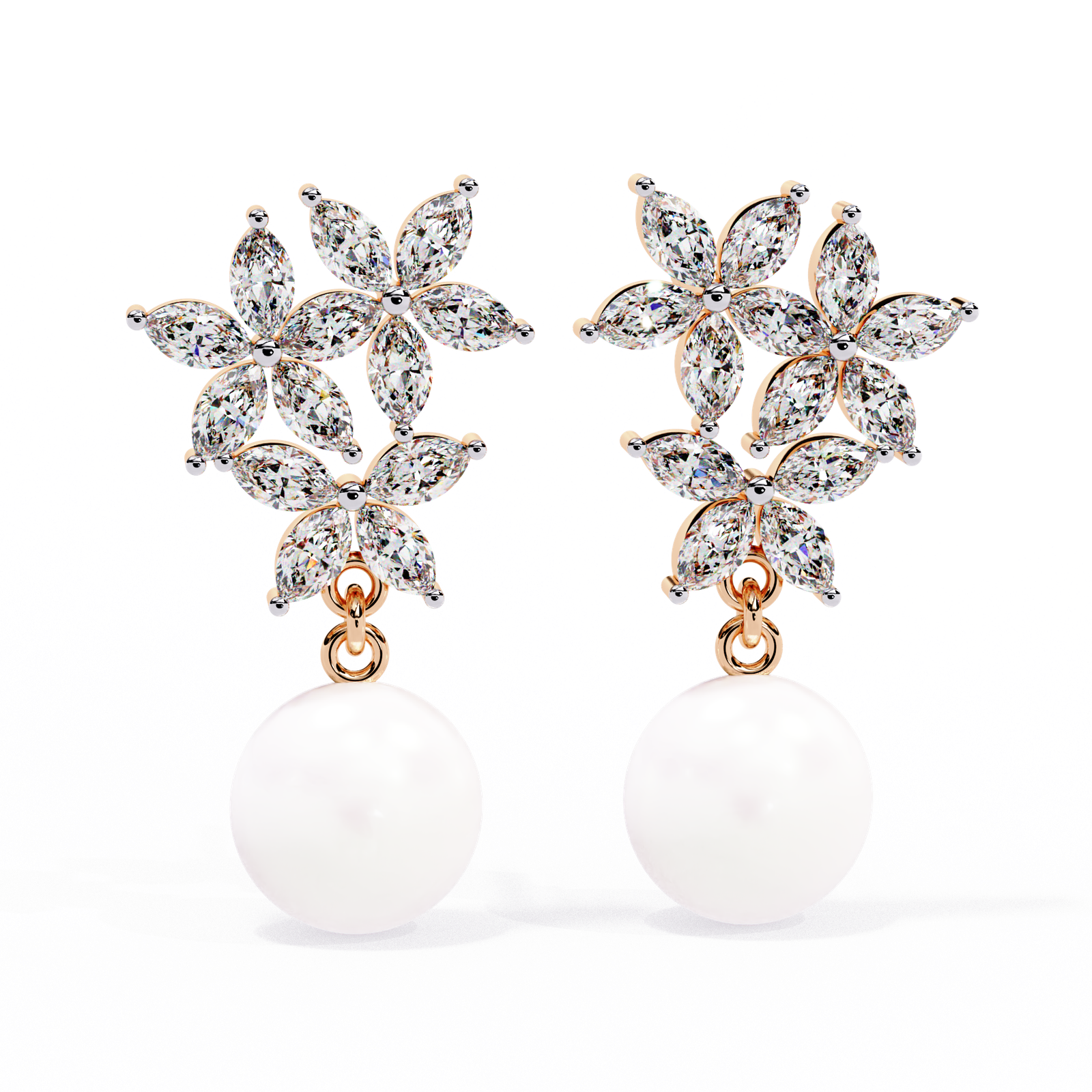 Floral Diamond Cluster Pearl Drop Earrings